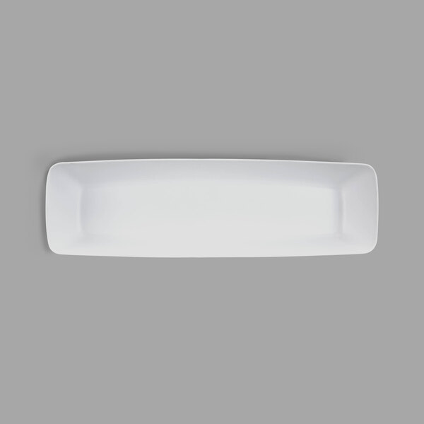 A white rectangular melamine bowl with a black border.