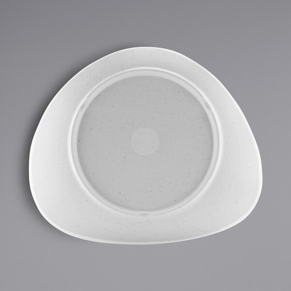 A gray triangle melamine plate with speckled specks on the rim.