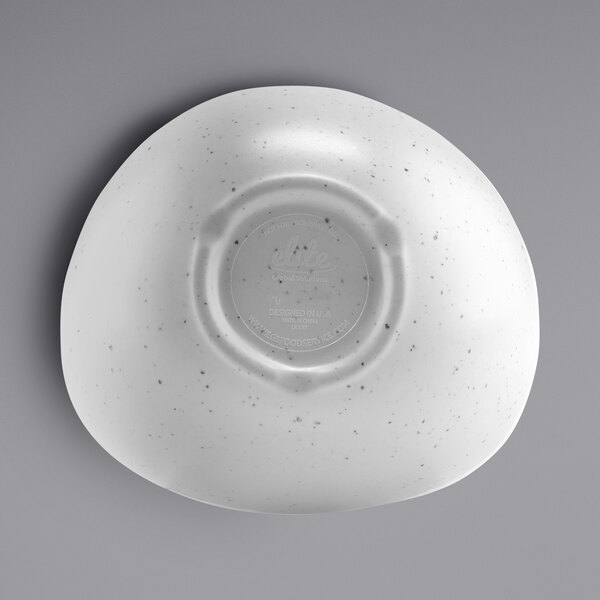A gray melamine bowl with speckled specks on a white background.