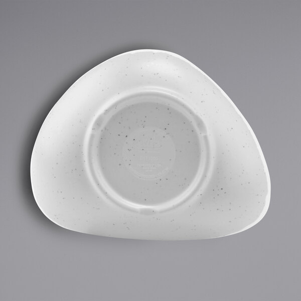 A close-up of a gray speckled triangle melamine bowl.