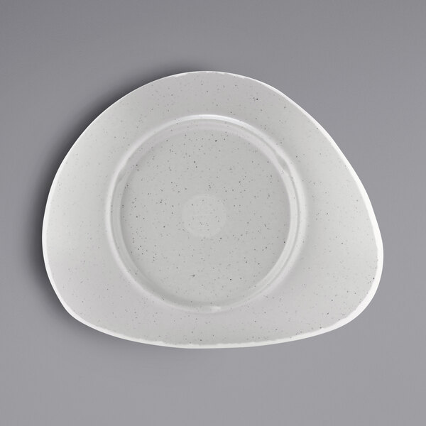 An Elite Global Solutions gray speckled triangle melamine plate with a white speckled surface.