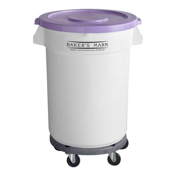 A white Baker's Mark container with a purple lid and wheels.