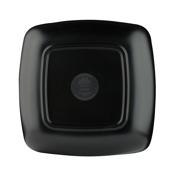 A black square melamine bowl with a round black square object on it.