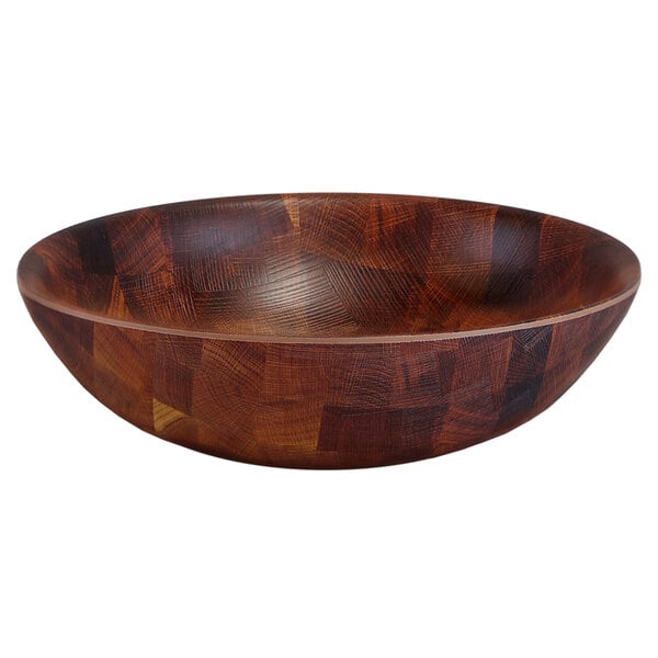 A close-up of an Elite Global Solutions bamboo melamine bowl with a checkered pattern.