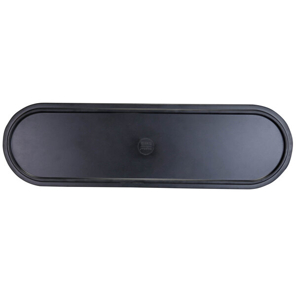 A black rectangular lid with a round edge and a silver circle logo.