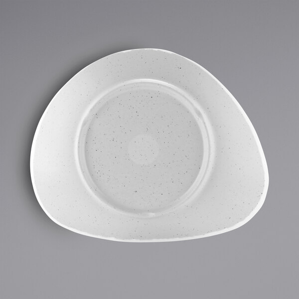 A white triangle melamine plate with gray speckles.