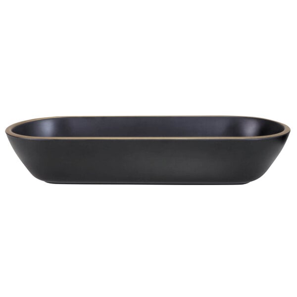 A black rectangular bowl with a gold stripe.