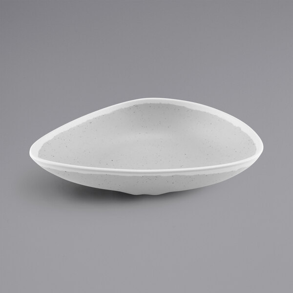 A gray speckled melamine triangle bowl with a white background.