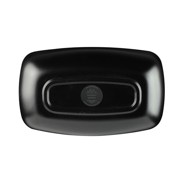 A black rectangular Elite Global Solutions melamine bowl with a white interior.