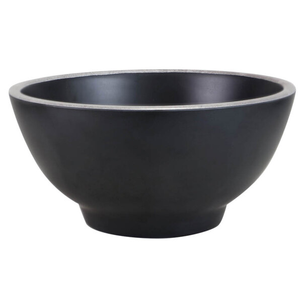 A black melamine bowl with a silver rim.