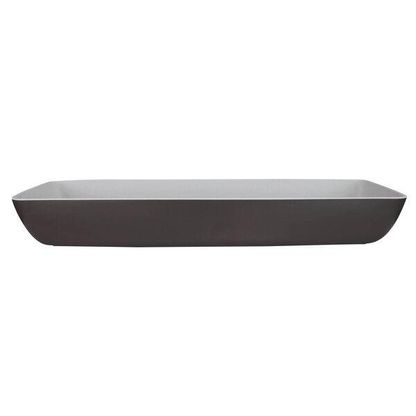 A rectangular grey melamine bowl with white speckles on the edges.
