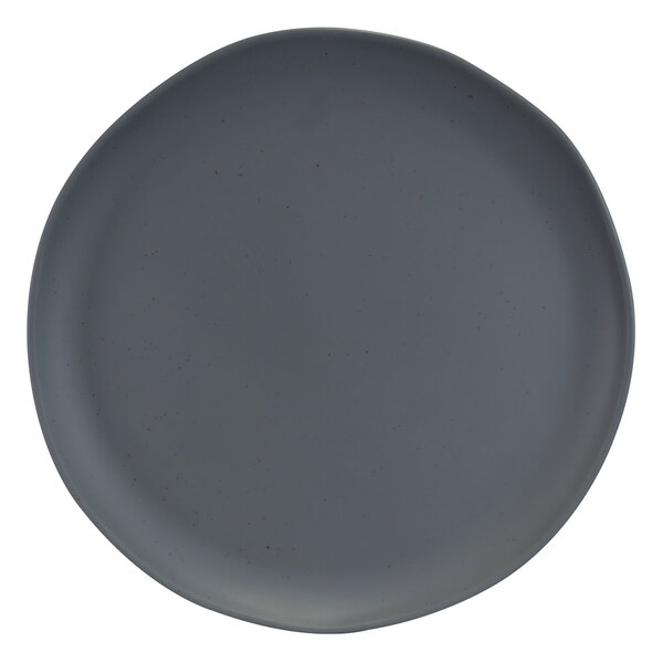 A close-up of an Elite Global Solutions matte dark gray speckled melamine plate.