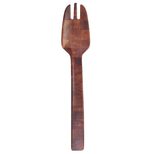 An Elite Global Solutions bamboo serving fork with a checkered pattern on the handle.