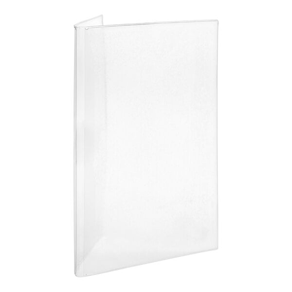 A clear two-pocket menu cover designed to hold 8 1/2" x 11" sheets.