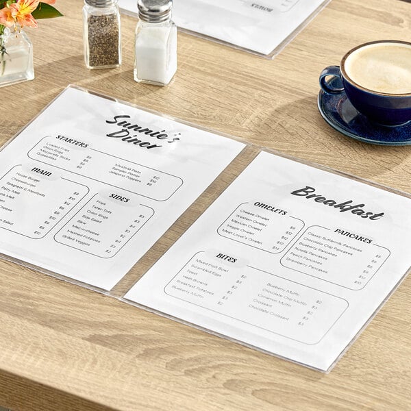 An 8 1/2" x 11" two pocket menu cover displaying printed menus on a wooden table.