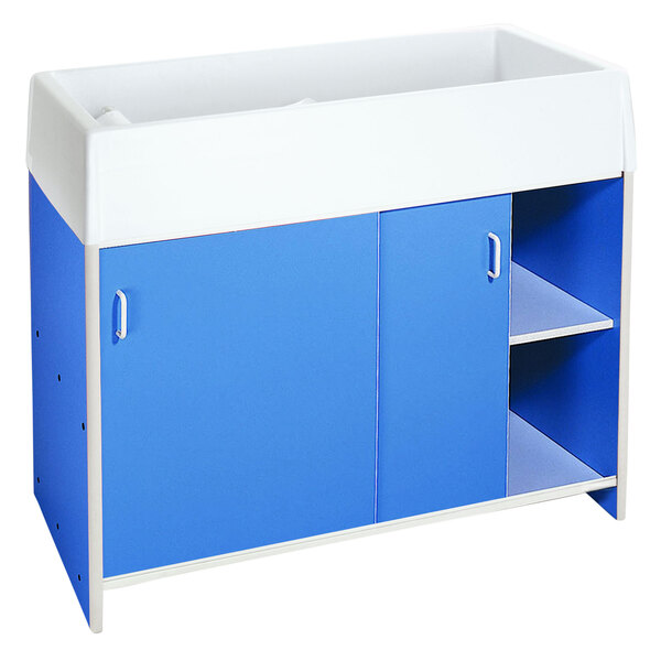 A blue and white Whitney Brothers infant changing cabinet with two shelves.