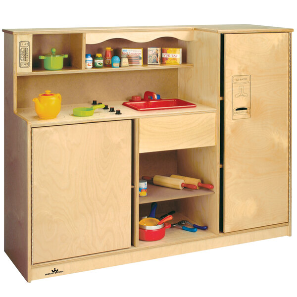 A Whitney Brothers wooden preschool play kitchen combo with a sink and cabinet.