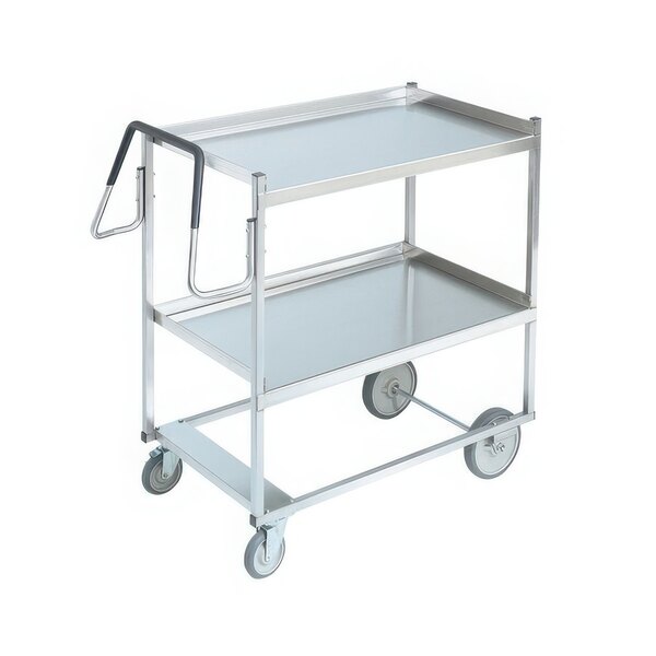 A Vollrath stainless steel utility cart with two shelves and a handle.