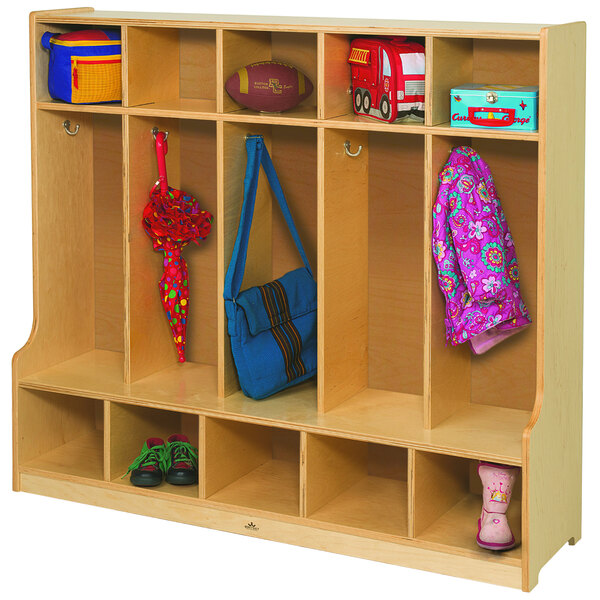 A wooden Whitney Brothers five section seated coat locker.
