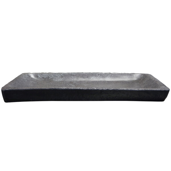 A rectangular black Elite Global Solutions melamine serving platter.