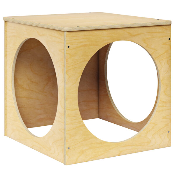 A Whitney Brothers toddler wood cube with two holes.