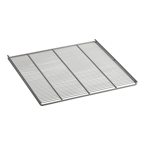 A metal shelf with a metal grid on it.