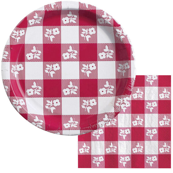 A red and white checkered Creative Converting paper tablecloth.
