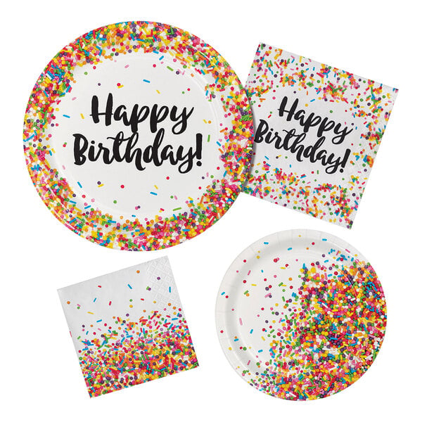 Creative Converting 324661 9" Confetti Sprinkles "Happy Birthday" Paper Plate - 96/Case