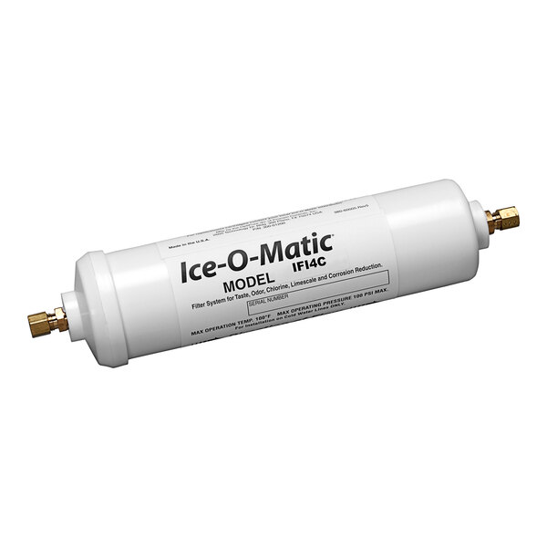 A white plastic Ice-O-Matic inline water filter cartridge with black text.