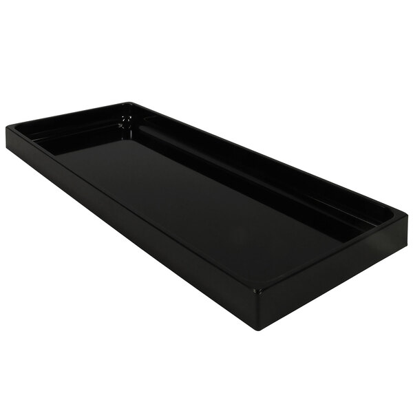 A black rectangular tray with a low profile.