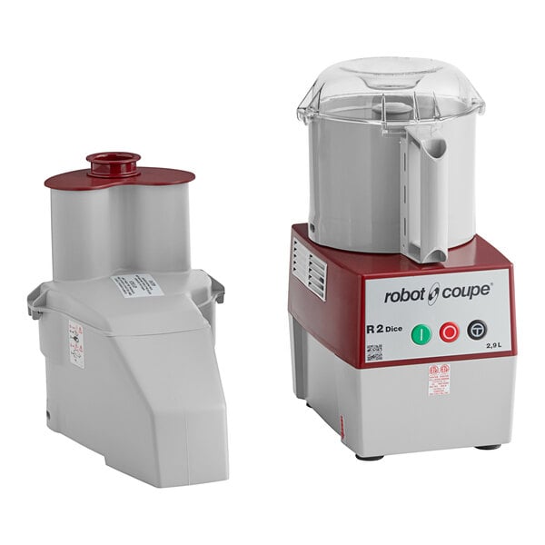 A Robot Coupe R2 DICE food processor with a grey container and lid.