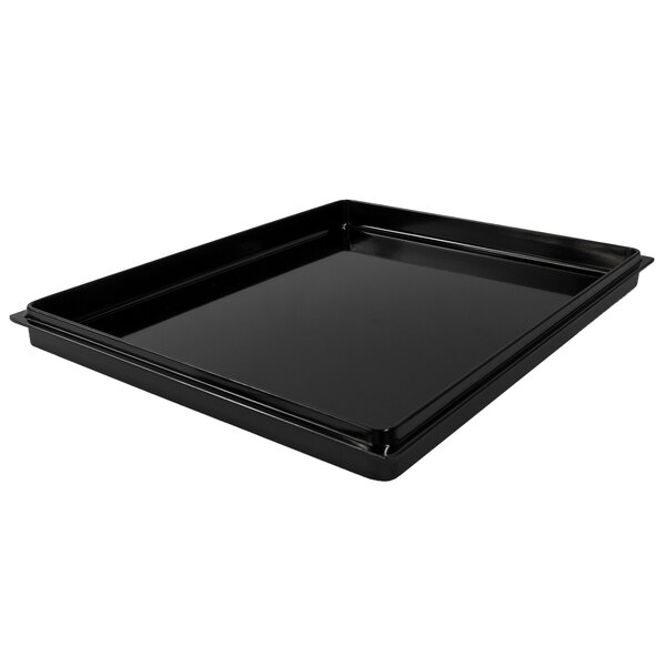 A black rectangular Elite Global Solutions food pan lid on a black tray.