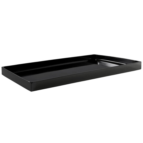 A black rectangular Elite Global Solutions melamine food pan with a low profile.