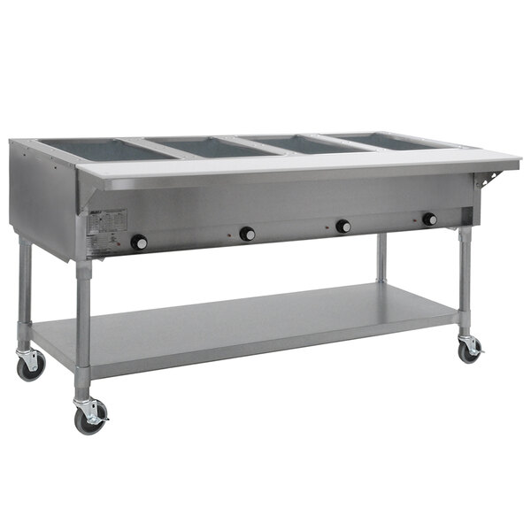 a large stainless steel food warmer