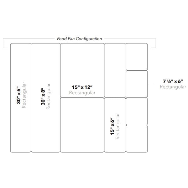 A white rectangular object with black text reading "Modern European 30 x 8" Low Profile Rectangular Melamine Food Pan"
