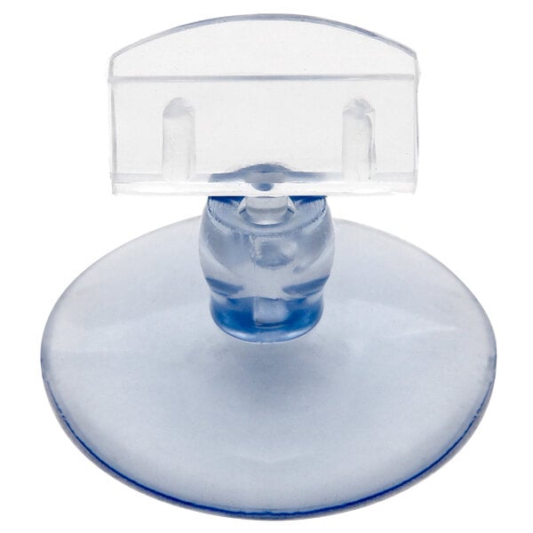 A clear plastic holder with a blue base.