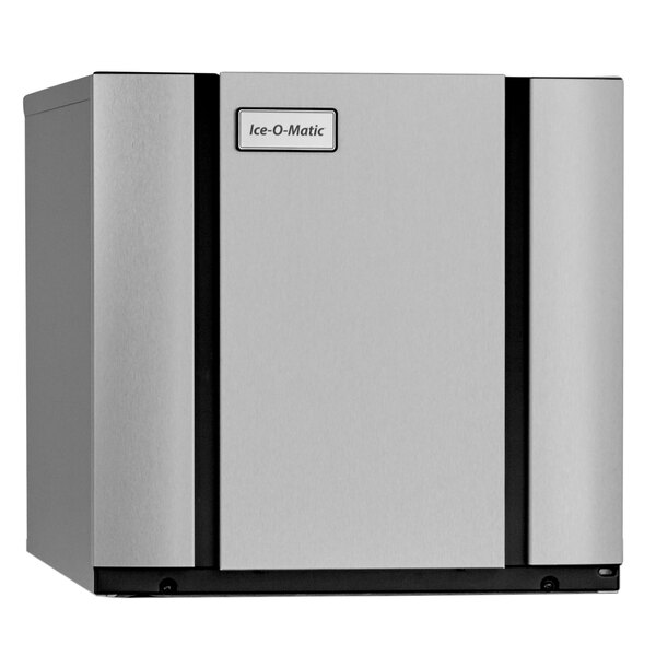 A silver rectangular Ice-O-Matic ice machine with a black rectangular door.