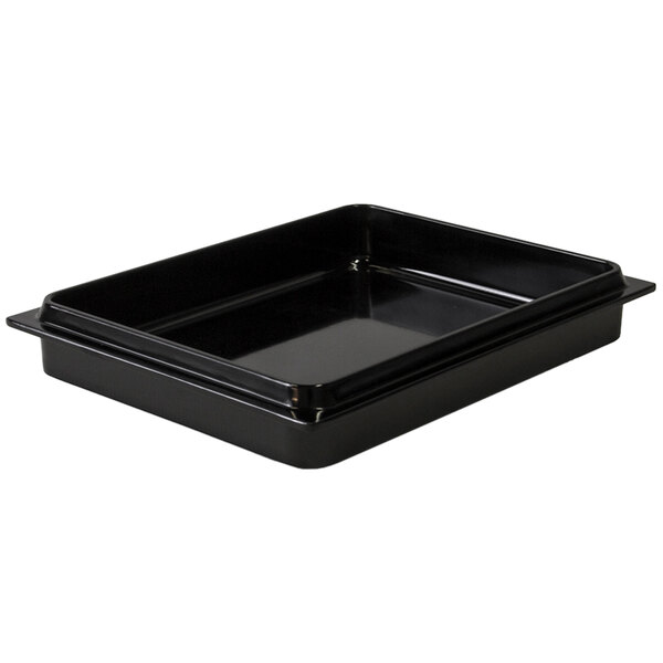 A black rectangular Elite Global Solutions melamine food pan lid on a black rectangular tray.