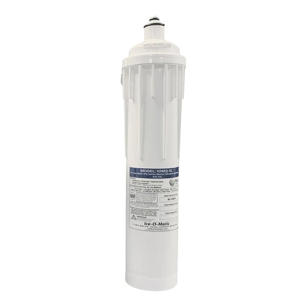 A white Ice-O-Matic water filter cartridge with a blue label.