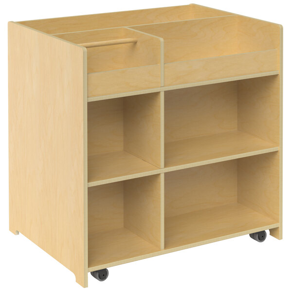 A wooden art supply storage cart with shelves on wheels.