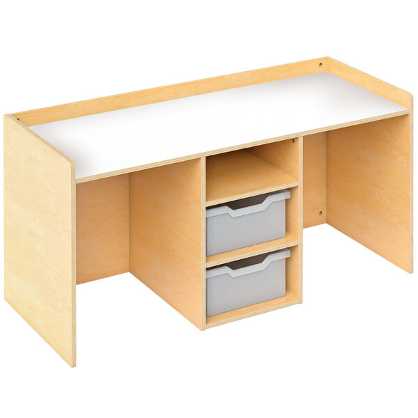 A Whitney Brothers wooden STEM activity desk with drawers and a shelf.