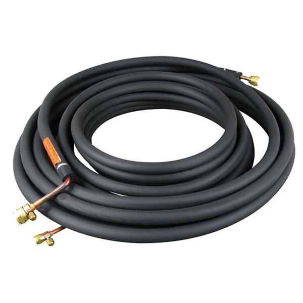 A black coil of Ice-O-Matic tubing with two gold connectors.