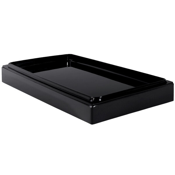 a black rectangular tray with a lid