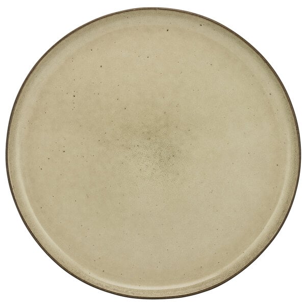 A white porcelain plate with a brown rim.