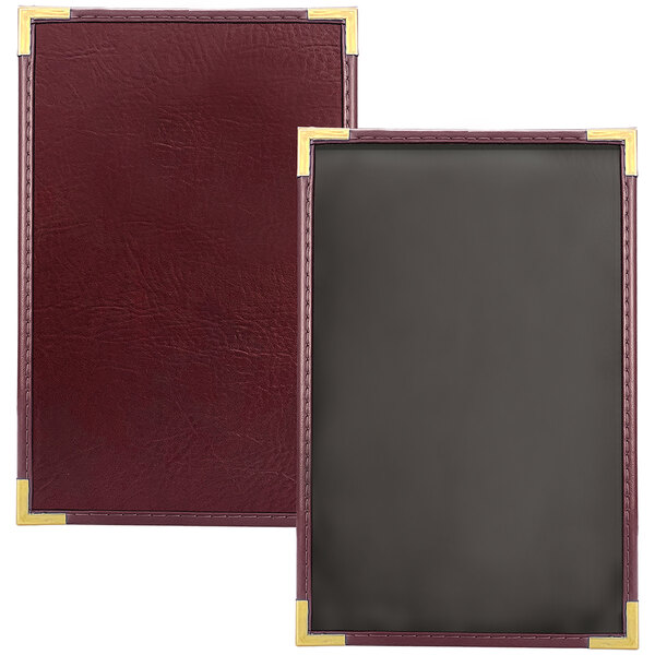 A burgundy leather menu cover with gold corners.