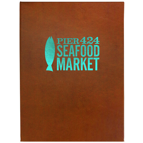 A brown leather H. Risch Inc. Tamarac menu cover with blue text on it.