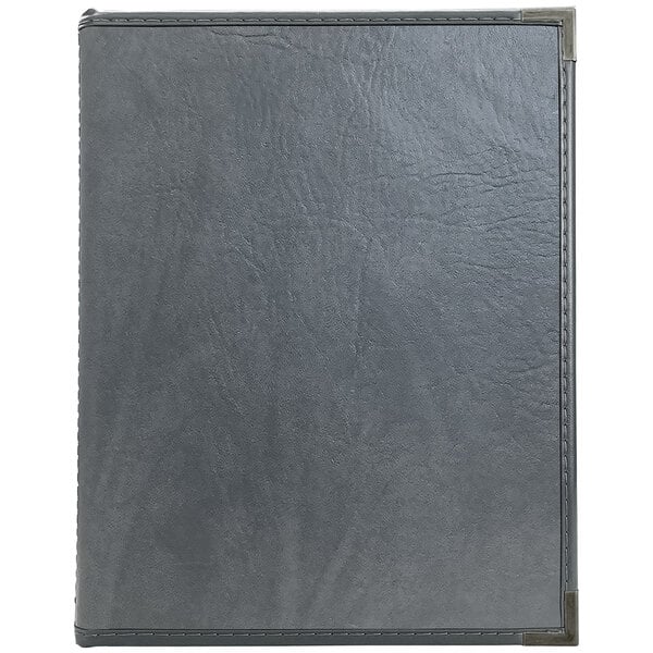 A close up of a gray leather H. Risch, Inc. Seville menu cover.