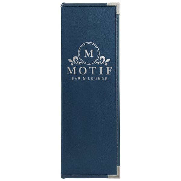 A blue leather menu cover with silver corners and text.