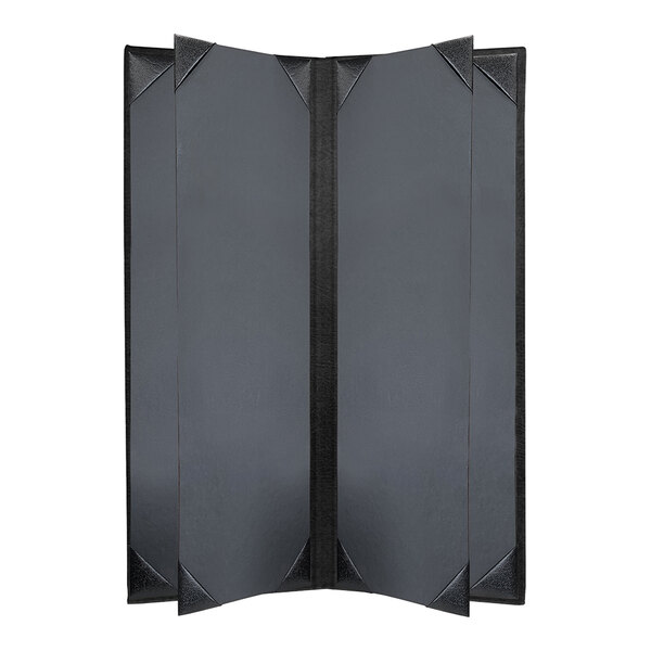 A black rectangular menu cover with black corners and a black stripe.