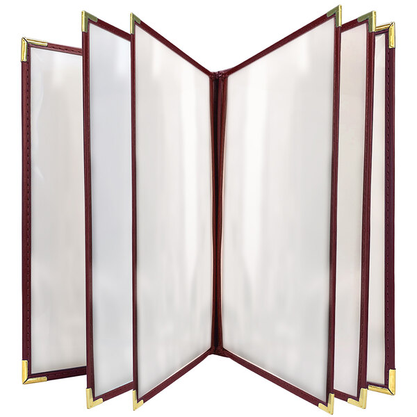 A close up of a H. Risch, Inc. Seville menu cover with gold trim.